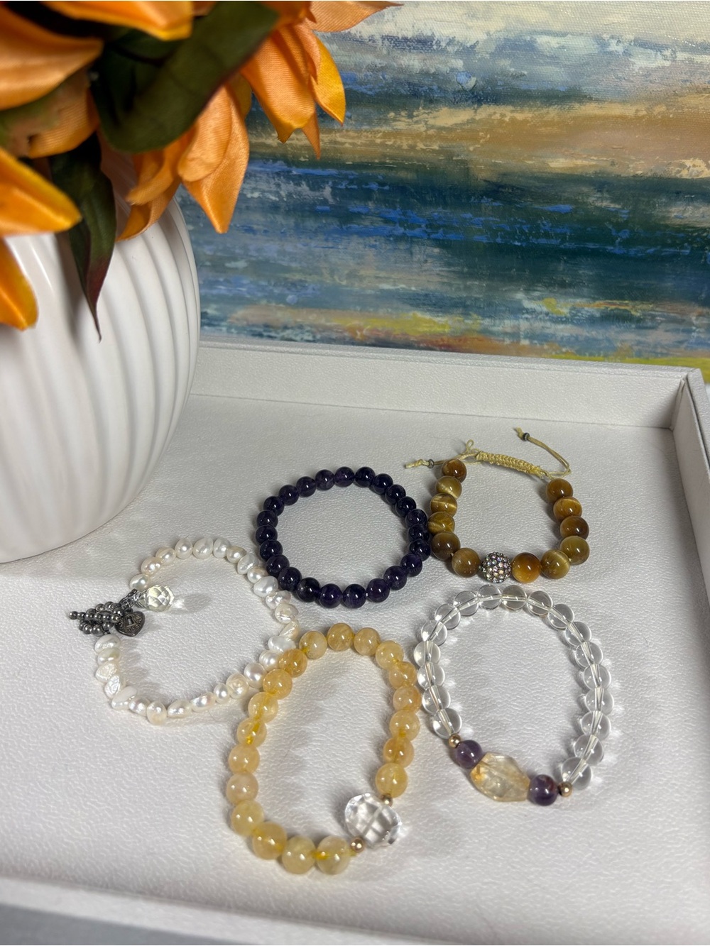 Amethyst, Citrine, Quartz, Pearl, Gold Tigers Eye Bracelet Lot